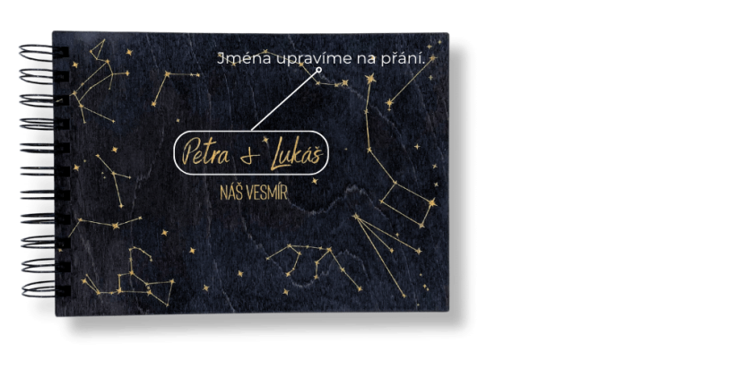 Dřevěné fotoalbum, Náš vesmír - Formát: A4 (+400Kč), Listy navíc: Ne, Papír: Černý, Pauzovací papír: Ano (+150 Kč)